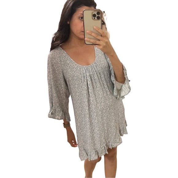EBERJEY Ruffled 3/4 Sleeves Printed Tunic Cover Up Dress Light Blue Small - Picture 1 of 4